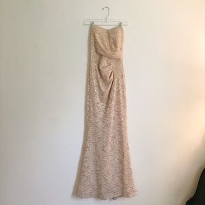 La Scala strapless long gold prom dress.